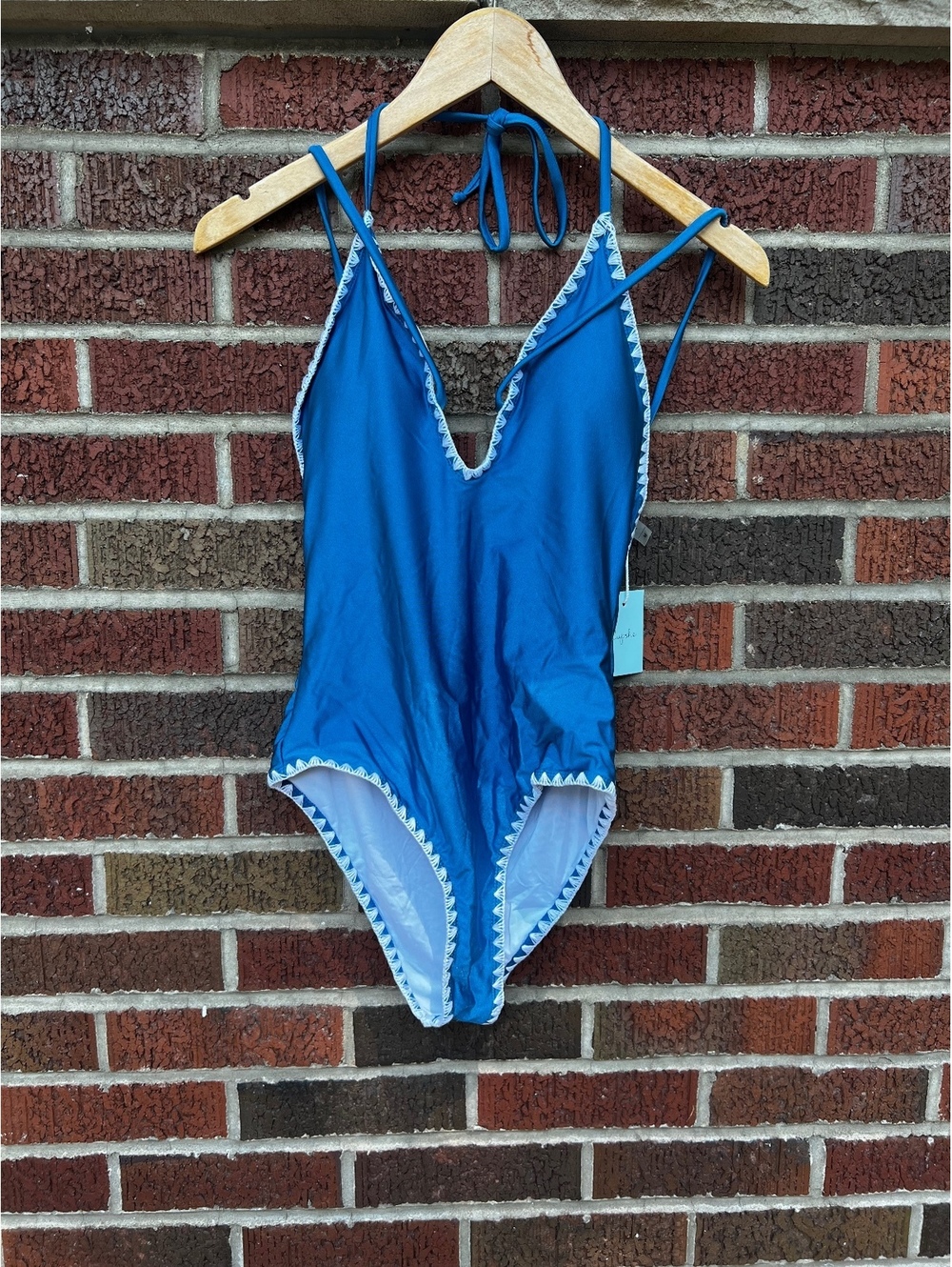 CupShe Bright Blue White Trim Strappy Deep Plunge One Piece Bathing Suit